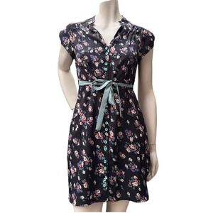 3Stones Floral Button Front Dress Mint Tie Black Cottagecore Whimsigoth Boho S